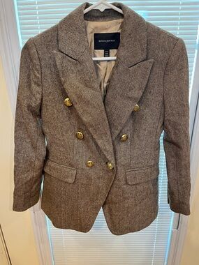 Banana Republic Brown Herringbone Double-Breasted Blazer with Gold Buttons